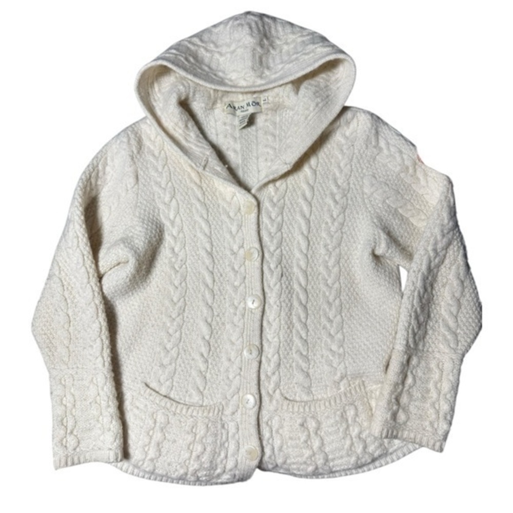 Aran Mor Cream Merino Wool Button Front Fisherman Sweater with Hood  Large